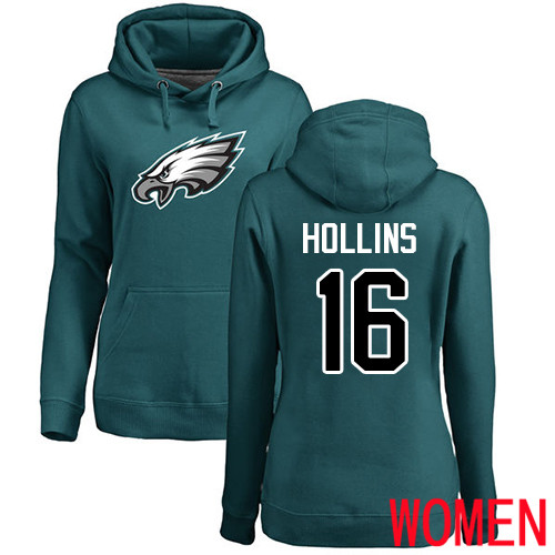 Women Philadelphia Eagles 16 Mack Hollins Green Name and Number Logo NFL Pullover Hoodie Sweatshirts